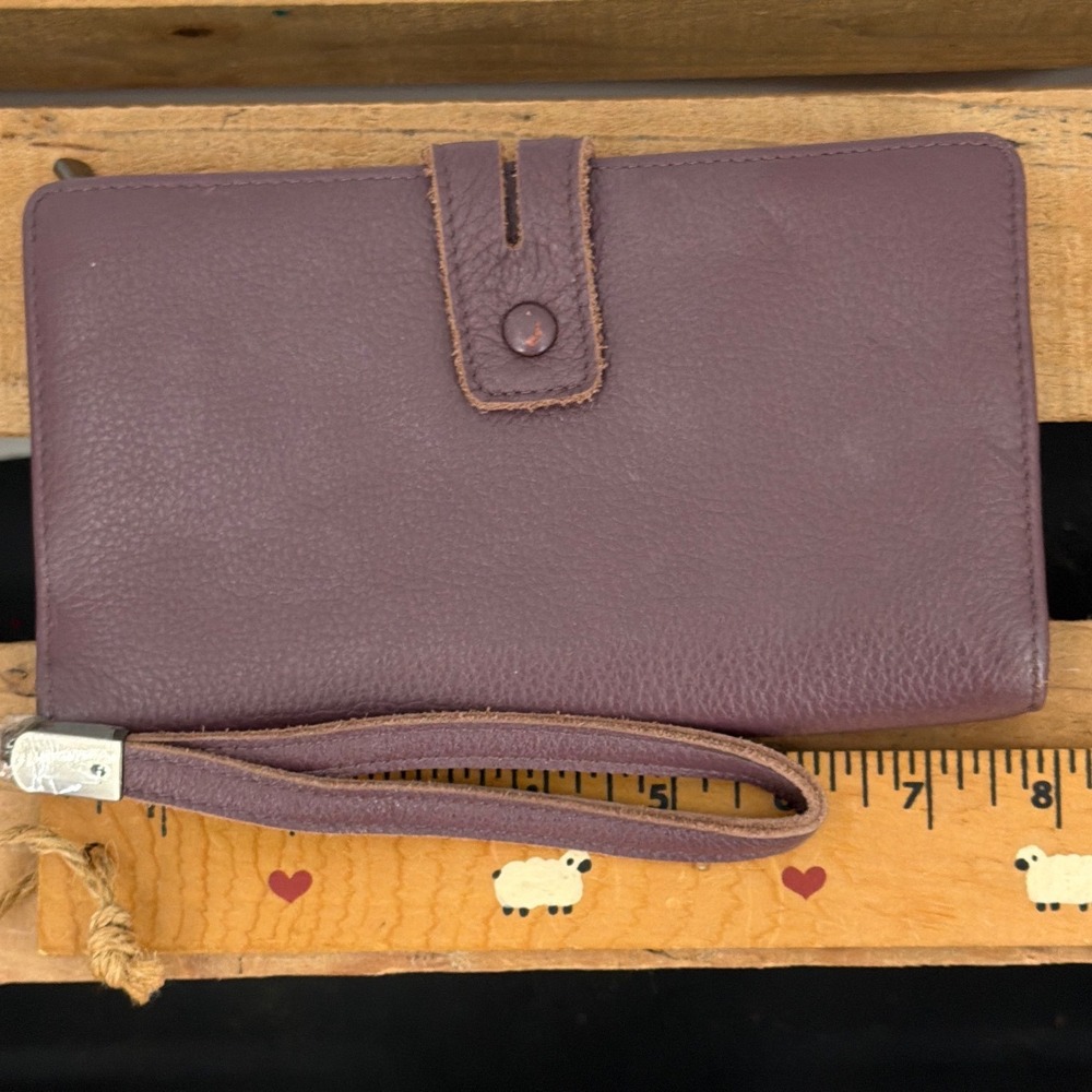 Plum Pebbled Leather RFID Blocking Wristlet Wallet Bi-Fold Organizer Soft Supple